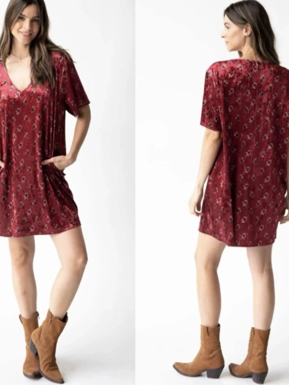 NATURAL LIFE WOMENS RED VELVET TUNIC MINI DRESS SMALL